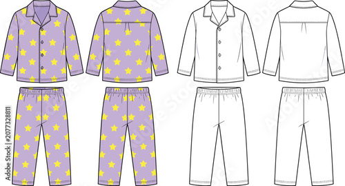 Kids long sleeve pajamas technical flat sketch vector template showing front and back views with purple yellow star pattern and blank outline isolated background