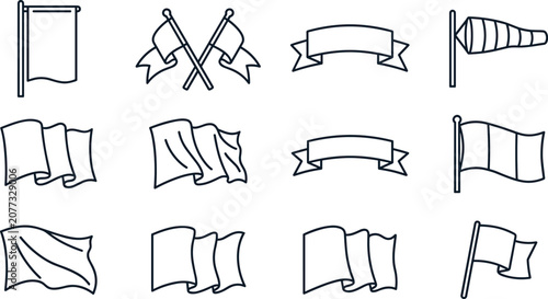 Blank flags and ribbon banners line art icon vector set including waving flags windsock crossed poles pennant and parchment scrolls isolated on white background