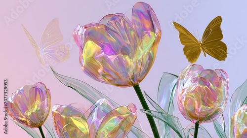 Iridescent Tulips and Golden Butterfly in Dreamy Garden.
