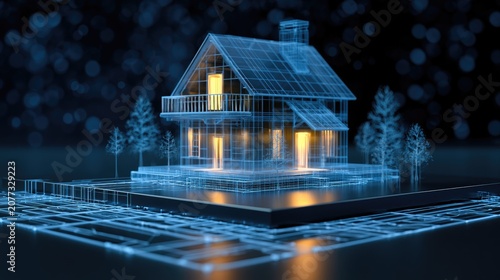 Futuristic Smart Home Technology Hologram with Digital Network Overlay.