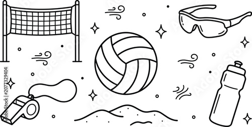 Beach volleyball line art doodle icon vector set featuring volleyball ball over sand net sunglasses sports water bottle whistle and wind symbols isolated on white background