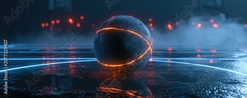 Futuristic Sphere with Glowing Orange Lines on a Neon-Lit Surface.