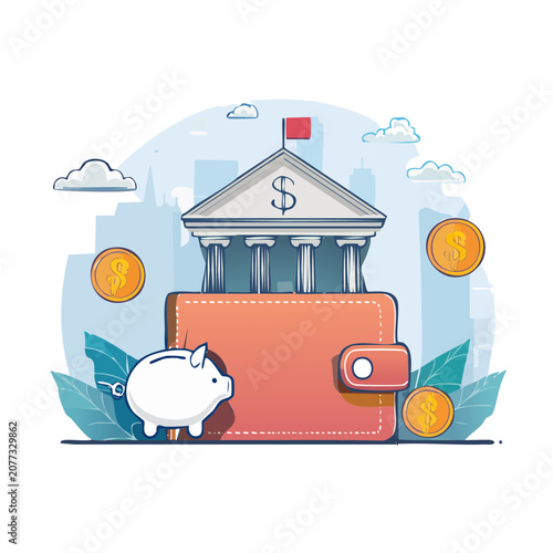 Flat vector illustration of bank building, wallet, and piggy bank