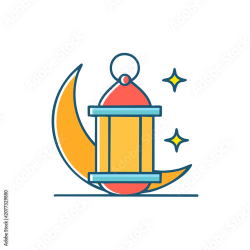 Flat vector illustration of lantern and crescent moon with stars