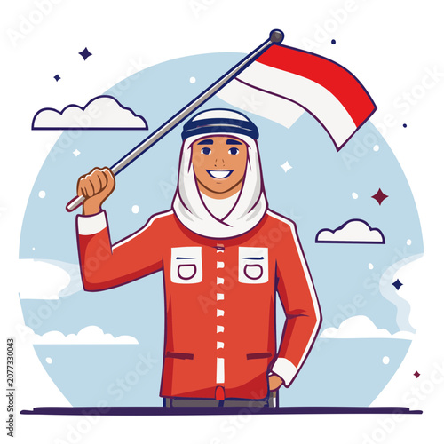 Man in traditional clothing holding national flag illustration