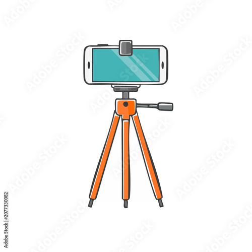 Smartphone on orange tripod flat vector illustration