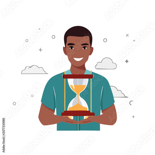 Smiling man holding hourglass vector illustration