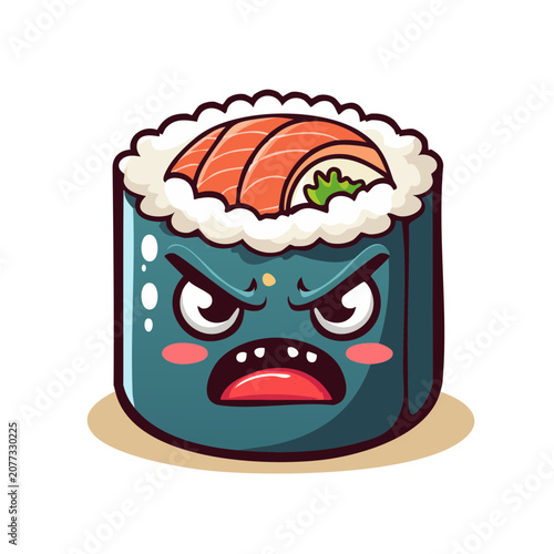 Angry cartoon sushi roll character with salmon and wasabi