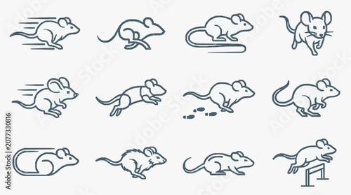 Elegant Monochromatic Line Drawing Set of Animated Mice in Various Dynamic Poses and Actions with high quality professional line art symbols for modern creative design and digital branding projects