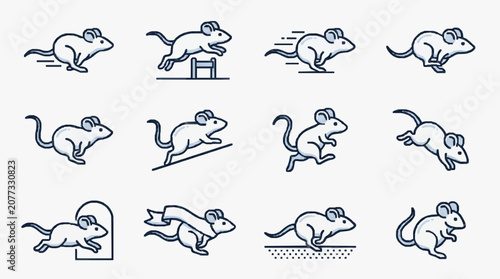 Elegant Minimalist Line Art Illustrations of Mice in Various Dynamic Running and Jumping Positions