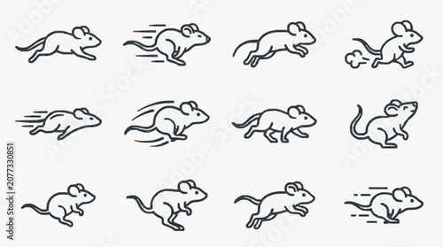 Professional Black and White Line Drawing Animation Sequence of a Mouse Running in Various Dynamic Poses