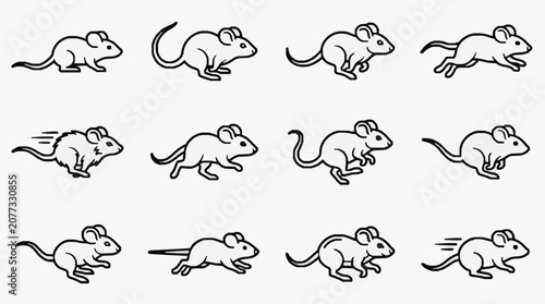 Minimalist Black and White Line Drawing Set of Animated Running Mice in Various Dynamic Poses with high quality professional line art symbols for modern creative design and digital branding projects