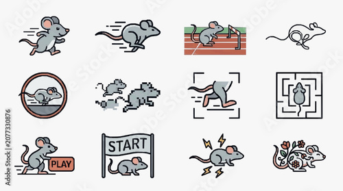 Elegant Collection of Minimalist Mouse Themed Icons Showcasing Various Playful and Athletic Activities