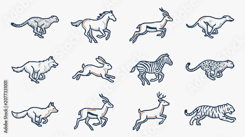 Modern Minimalist Line Art Illustrations of Running and Galloping Animals in Monochrome and Accent Colors