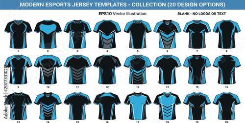 Modern esports jersey template collection featuring black and blue athletic t-shirt mockups with dynamic geometric patterns for gaming apparel vector designs (22 words)