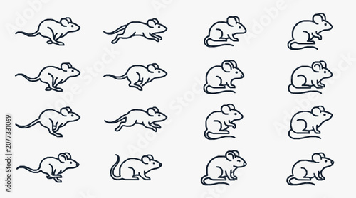 Creative Black and White Line Drawing Set of Animated Mice in Various Dynamic Poses and Actions