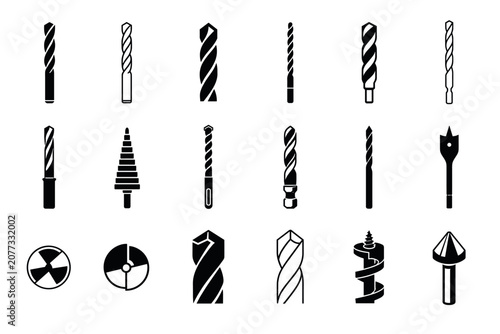 Drill bits vector icons set for drilling and construction work featuring twist, step, spade, masonry, countersink, and auger types for carpentry and metalworking projects