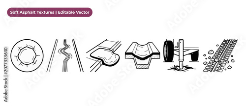 Εκτύπωση καμβά Asphalt road damage vector icons showcasing pavement defects, soft tar texture, pothole, rutting, and indentation diagrams for construction, civil engineering, and municipal street maintenance
