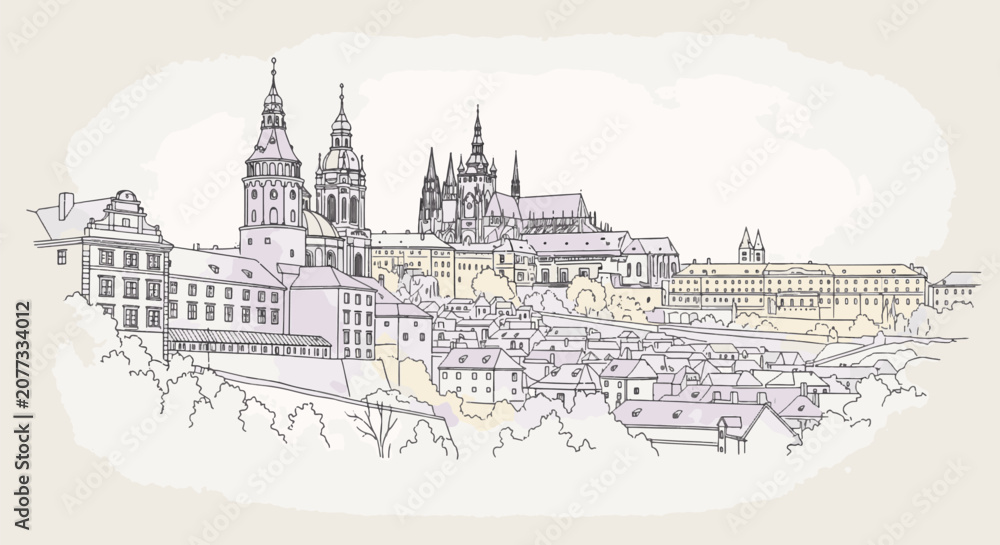 Obraz premium Line art illustration of Prague Castle complex featuring St. Vitus Cathedral and historical architecture with soft watercolor washes in Czech Republic cityscape drawing style.