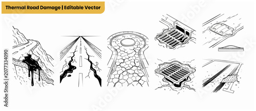 Foto Thermal road damage vector illustration showing cracked asphalt, melting pavement, collapsed cliffside highway, clogged storm drain street grates and rutting tire tracks due to heatwave climate issue