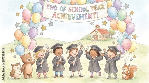 Joyful graduation celebration with children in caps and gowns under balloon arch and achievement banner