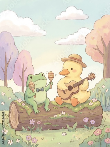 Joyful frog and duck making music in a vibrant cartoon forest filled with colorful trees and flowers