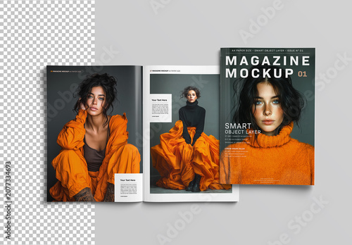 Open Magazine and Magazine Cover Mockup Isolated on White Background