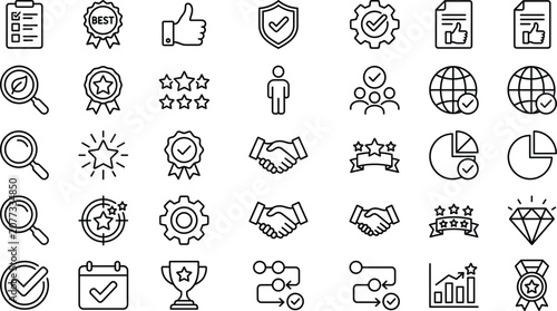 Fotografie Quality assurance business compliance line icons set for control service standar