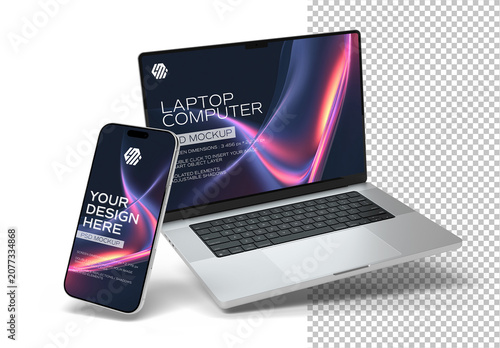 Isolated Silver Smartphone and Laptop Floating on White Background Mockup