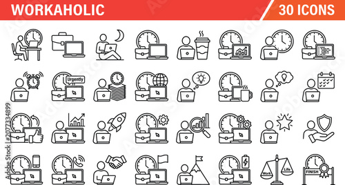 Fotografía Workaholic business people line icons set of office burnout overtime hard workin