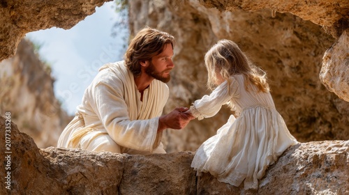 Jesus assisting girl on rocky ledge in sunlit cave