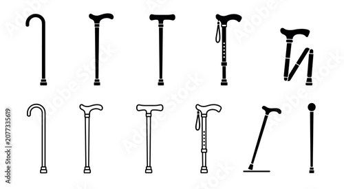 Walking cane icons set of different types including classic curved handles, derby grips, folding sticks, and adjustable mobility aids for elderly and disabled people