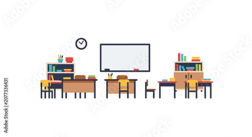 Colorful desks with stacked books.