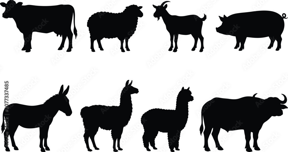 Naklejka premium Farm Animal Silhouette Collection Set with Cow Sheep Goat Pig Donkey Llama Buffalo Vectors