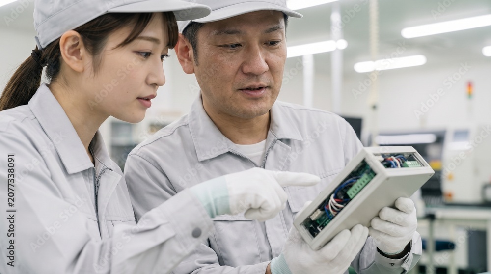 Fototapeta premium 製造業の工場で電子部品の配線を確認し品質管理のOJTを行う日本人男女の作業員
