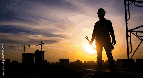 Silhouette of engineer holding wrench at construction site sunset.