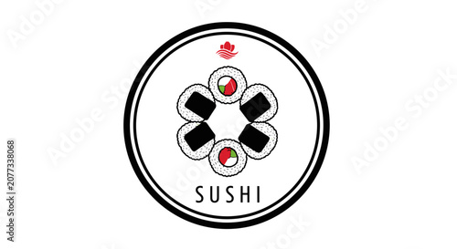 Sushi Japanese Food Round Emblem Logo Design.