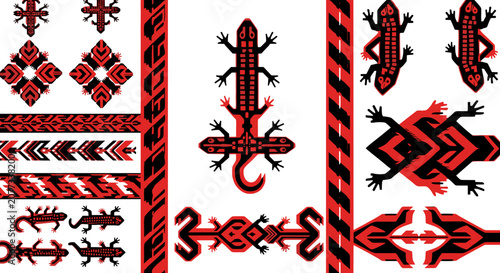 Traditional Ukrainian Embroidery Patterns with Lizards and Geometric Designs.