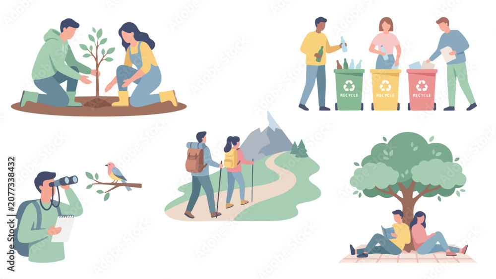 Fototapeta premium Flat design collection of recycling planting trees and nature hobbies