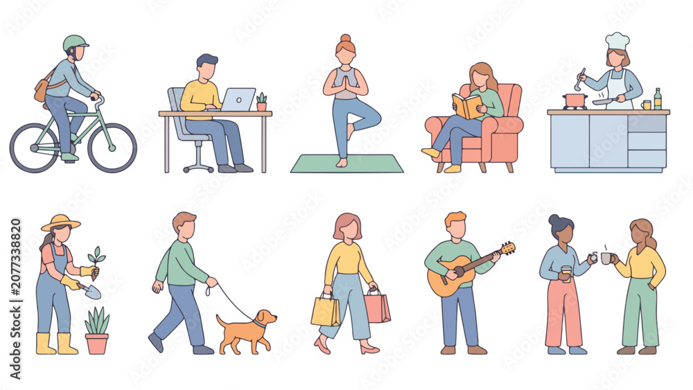 Fototapeta premium Flat design collection of diverse people lifestyle routines isolated