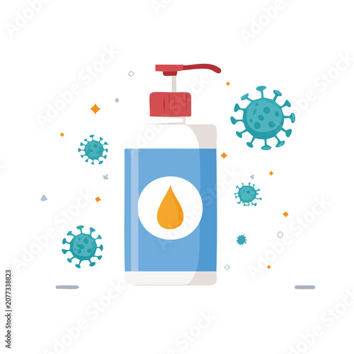 Flat illustration of hand sanitizer bottle with virus particles