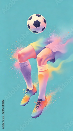 Creative Soccer Legs Juggling Ball with Colorful Powder Smoke, Turquoise Background – For Dynamic Sports Art & Football Creative Poster Design