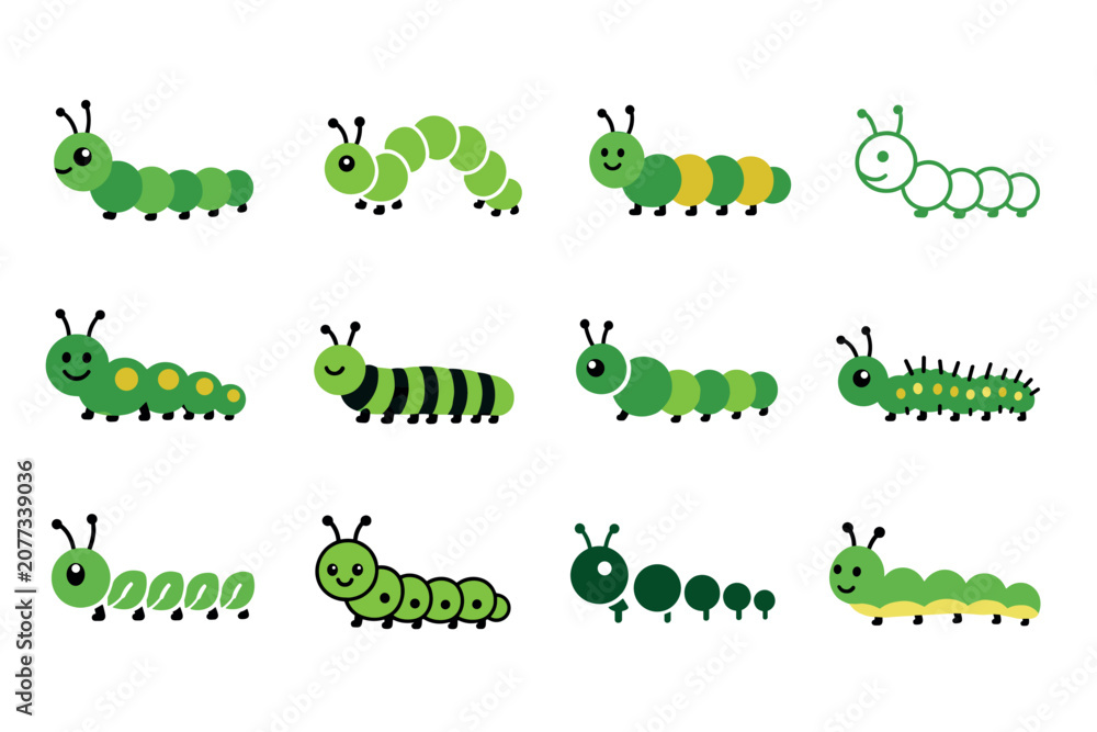 Naklejka premium Cute cartoon caterpillar vector illustrations set featuring various green insect characters with different patterns, shapes, and friendly smiling faces for children design