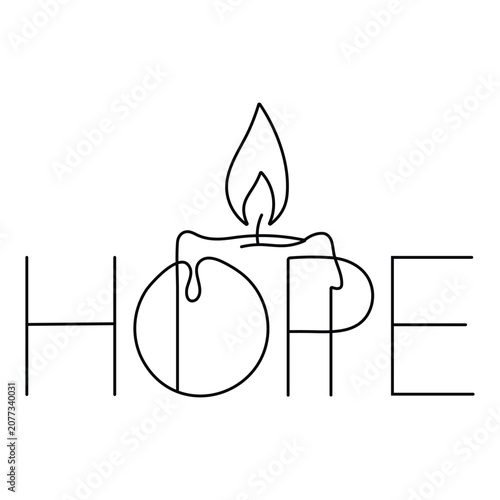 Black line drawing of candle with flame top of word hope