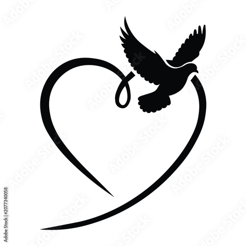 Black silhouette of a bird flying out of a heart shape
