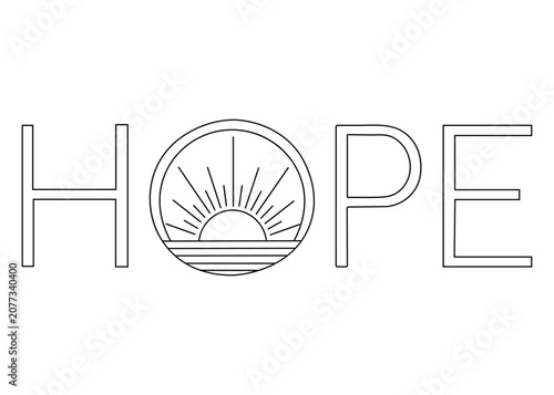 A black line drawing of the word hope with a sunrise in the o