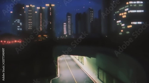 80s Anime Lofi Style Car Entering Underpass Tunnel at Night