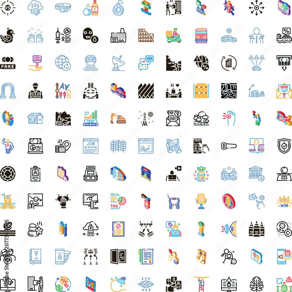 Naklejka premium Large collection of diverse pictograms illustrating various business, logistics, lifestyle, healthcare, and technology concepts on a clean white background