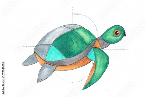 Colorful Geometric Watercolor Sea Turtle With Blueprint Construction Lines On White Background, Hand Drawn Marine Animal Illustration For Ocean, Coastal Decor, Nursery Art And Creative Education