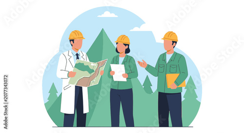 Flat vector illustration of an engineer in a white lab coat and two workers in green jackets wearing yellow hard hats, holding a map and discussing land development near mountains.